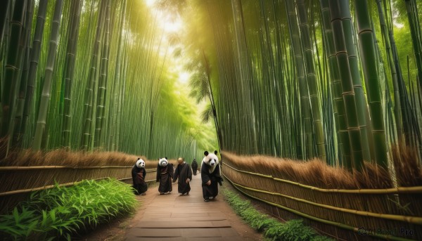 outdoors,japanese clothes,multiple boys,day,kimono,no humans,mask,sunlight,grass,nature,scenery,forest,light rays,bamboo,bamboo forest,panda,road,vanishing point