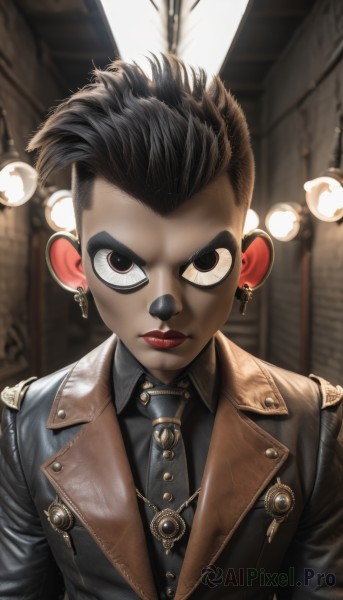 1girl,solo,looking at viewer,short hair,shirt,black hair,1boy,jewelry,closed mouth,jacket,upper body,male focus,earrings,necktie,collared shirt,indoors,dark skin,necklace,blurry,black eyes,vest,lips,black jacket,v-shaped eyebrows,black shirt,makeup,buttons,depth of field,blurry background,piercing,formal,thick eyebrows,cross,lipstick,ear piercing,black necktie,androgynous,nose,red lips,very short hair,leather,undercut,straight-on,mohawk,brown eyes,artist name,suit,brown jacket,serious,leather jacket