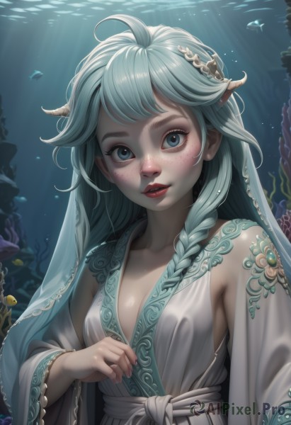 1girl,solo,long hair,breasts,looking at viewer,bangs,blue eyes,hair ornament,long sleeves,dress,cleavage,blue hair,collarbone,upper body,braid,ahoge,small breasts,parted lips,detached sleeves,horns,artist name,wide sleeves,water,white dress,lips,see-through,eyelashes,single braid,aqua hair,makeup,watermark,sunlight,veil,hair over shoulder,side braid,freckles,fish,bubble,light rays,underwater,nose,red lips,air bubble,mascara,coral,medium breasts,green hair