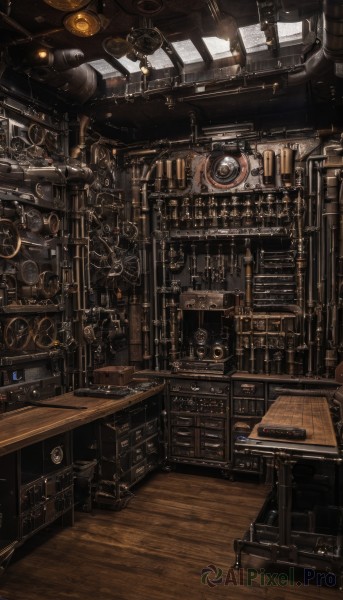 indoors,book,no humans,from above,chair,table,scenery,desk,science fiction,wooden floor,clock,bookshelf,lamp,gears,steampunk,window,realistic,cable