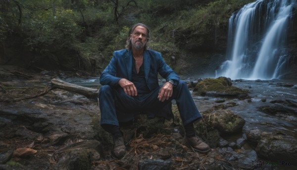 solo,looking at viewer,shirt,long sleeves,1boy,sitting,jacket,full body,weapon,grey hair,male focus,boots,outdoors,pants,spread legs,water,tree,facial hair,scar,brown footwear,eyepatch,formal,suit,blue jacket,nature,beard,forest,rock,mustache,blue pants,old,old man,waterfall,moss,jewelry,shoes,teeth,tattoo,realistic