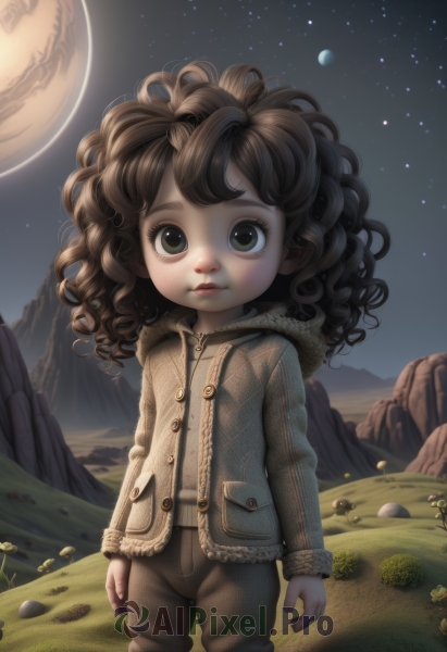 1girl,solo,long hair,looking at viewer,brown hair,long sleeves,brown eyes,closed mouth,standing,jacket,flower,outdoors,sky,pants,hood,lips,fur trim,hoodie,night,moon,hood down,grass,child,star (sky),night sky,hooded jacket,full moon,starry sky,freckles,curly hair,rock,arms at sides,drawstring,female child,planet,green eyes,watermark,messy hair,mountain