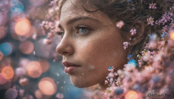 1girl, solo, blue eyes, brown hair, flower, parted lips, blurry, from side, lips, eyelashes, profile, depth of field, blurry background, cherry blossoms, freckles, realistic, nose, bokeh