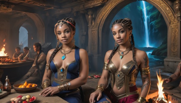 long hair,breasts,looking at viewer,smile,multiple girls,brown hair,black hair,2girls,cleavage,bare shoulders,brown eyes,jewelry,medium breasts,sitting,weapon,braid,earrings,food,multiple boys,sword,dark skin,water,necklace,hair bun,twin braids,bracelet,dark-skinned female,lips,tattoo,fruit,table,3boys,bottle,fire,armlet,bowl,realistic,apple,candle,waterfall,hair ornament,multicolored hair,indoors,2boys,mole,vest,two-tone hair,makeup,facial hair,facial mark,gem,breasts apart,beard,pendant,circlet,nose,bangle