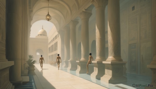 short hair,black hair,standing,ass,male focus,nude,multiple boys,barefoot,artist name,indoors,completely nude,window,shadow,sunlight,plant,building,scenery,walking,stairs,architecture,wide shot,pillar,statue,arch,column,1girl,outdoors,day,dark skin,looking at another,dark-skinned female,running,silhouette,potted plant