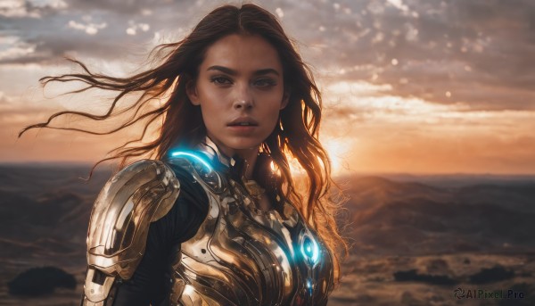 1girl,solo,long hair,looking at viewer,brown hair,black hair,brown eyes,jewelry,upper body,earrings,outdoors,parted lips,sky,cloud,dark skin,armor,blurry,dark-skinned female,lips,floating hair,blurry background,glowing,wavy hair,cloudy sky,wind,messy hair,forehead,freckles,science fiction,realistic,nose,cyborg,very dark skin,power armor,ocean,sunlight,backlighting,sunset,mechanical arms,single mechanical arm,sunrise