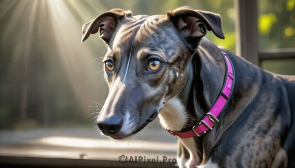 HQ,solo,closed mouth,yellow eyes,indoors,blurry,collar,no humans,window,blurry background,animal,sunlight,dog,light rays,realistic,animal focus,animal collar,whiskers,pink collar,looking at viewer,blue eyes,earrings,depth of field,red collar,belt collar,clothed animal