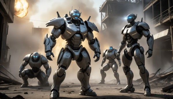 HQ,blue eyes,standing,weapon,multiple boys,armor,gun,military,no humans,glowing,robot,ground vehicle,building,mecha,glowing eyes,motor vehicle,smoke,science fiction,city,realistic,military vehicle,explosion,damaged,open hands,power armor,dust,radio antenna,signature,fire,ruins