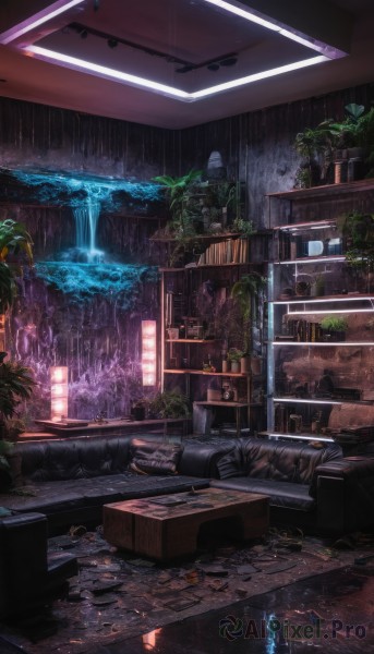 indoors,water,book,no humans,window,chair,plant,scenery,rain,stairs,bookshelf,potted plant,lamp,candle,ruins,waterfall,weapon,tree,night,bottle,curtains,couch,vines,shelf,overgrown