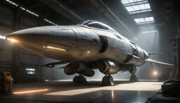 HQ,indoors,signature,military,no humans,window,helmet,robot,mecha,science fiction,realistic,aircraft,military vehicle,airplane,vehicle focus,spacecraft,lights,multiple boys,ground vehicle,scenery,light,jet,fighter jet