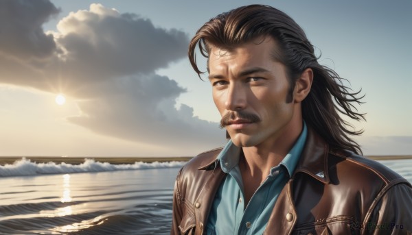 solo,long hair,brown hair,shirt,black hair,1boy,brown eyes,jacket,upper body,male focus,outdoors,sky,day,collared shirt,cloud,water,lips,facial hair,ocean,beach,cloudy sky,blue shirt,portrait,beard,brown jacket,realistic,mustache,sun,horizon,manly,leather,leather jacket,looking at viewer,sunlight,sunset,sunrise