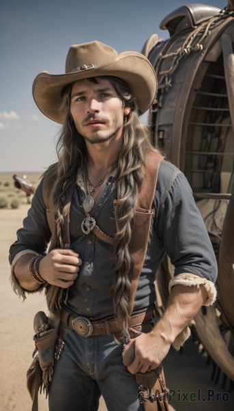 solo,long hair,looking at viewer,brown hair,shirt,1boy,hat,brown eyes,jewelry,closed mouth,standing,weapon,male focus,cowboy shot,earrings,outdoors,sky,day,collared shirt,belt,pants,necklace,blurry,bracelet,blue sky,lips,gun,black shirt,buttons,blurry background,facial hair,black pants,blue shirt,denim,clenched hand,rope,beard,buckle,handgun,sleeves rolled up,veins,jeans,belt buckle,realistic,brown headwear,blue pants,brown belt,holster,fringe trim,cowboy hat,revolver,desert,cowboy western,holstered weapon,long sleeves,jacket,solo focus,vest,fur trim,depth of field,chain,scar,ground vehicle,motor vehicle,watch,stubble,leather,horse,leather jacket,leather belt,denim jacket