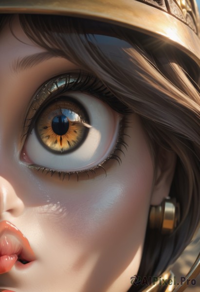 1girl,solo,looking at viewer,bangs,brown hair,brown eyes,jewelry,yellow eyes,earrings,parted lips,mole,lips,eyelashes,mole under eye,makeup,portrait,close-up,freckles,reflection,realistic,nose,red lips,eye focus,blue eyes,multiple girls,black hair,2girls,artist name,signature,dark skin,helmet,gold,egyptian,eye of horus