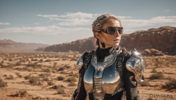 1girl,solo,short hair,brown hair,jewelry,closed mouth,upper body,braid,earrings,outdoors,sky,day,cloud,armor,blurry,blue sky,lips,blurry background,sunglasses,shoulder armor,pauldrons,breastplate,realistic,desert,chainmail,blonde hair,dark skin,looking to the side,dreadlocks,aviator sunglasses