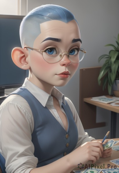 1girl,solo,breasts,looking at viewer,blush,short hair,blue eyes,shirt,long sleeves,holding,medium breasts,sitting,closed mouth,blue hair,white shirt,upper body,grey hair,glasses,collared shirt,artist name,indoors,vest,lips,book,buttons,chair,table,plant,desk,sleeves rolled up,freckles,paper,realistic,card,nose,round eyewear,blue vest,very short hair,pencil,playing card,1boy,male focus,window,thick eyebrows,pen,potted plant,holding pen,holding pencil,mechanical pencil