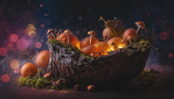 outdoors,food,sky,no humans,night,fruit,animal,grass,star (sky),night sky,scenery,starry sky,rock,fantasy,pumpkin,mushroom,campfire,solo,blurry,depth of field,bird,light particles,dark,bokeh,moss