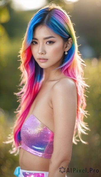 1girl,solo,long hair,breasts,looking at viewer,smile,black hair,bare shoulders,brown eyes,jewelry,closed mouth,blue hair,upper body,pink hair,multicolored hair,earrings,small breasts,midriff,belt,blurry,black eyes,flat chest,from side,two-tone hair,lips,eyelashes,strapless,gradient hair,makeup,depth of field,blurry background,watermark,web address,eyeshadow,personification,realistic,nose,bandeau,tube top,bokeh,rainbow hair,medium breasts,red hair,artist name