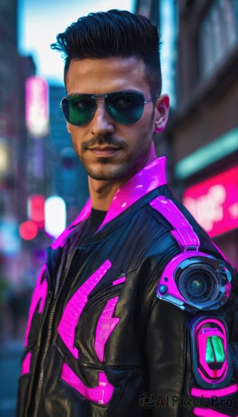 solo,looking at viewer,smile,short hair,black hair,1boy,closed mouth,jacket,upper body,male focus,outdoors,dark skin,blurry,black jacket,blurry background,facial hair,sunglasses,dark-skinned male,beard,science fiction,realistic,stubble,cyberpunk,aviator sunglasses,shirt,open clothes,open jacket,black shirt,night,multicolored clothes,mustache,leather,undercut,leather jacket