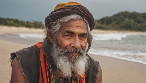 solo,looking at viewer,1boy,hat,closed mouth,closed eyes,upper body,white hair,grey hair,male focus,outdoors,sleeveless,day,blurry,blurry background,facial hair,beach,beard,realistic,mustache,sand,old,old man,photo background,smile,jewelry,sky,water,vest,blue sky,lips,depth of field,ocean,scar,facing viewer,shore,wrinkled skin