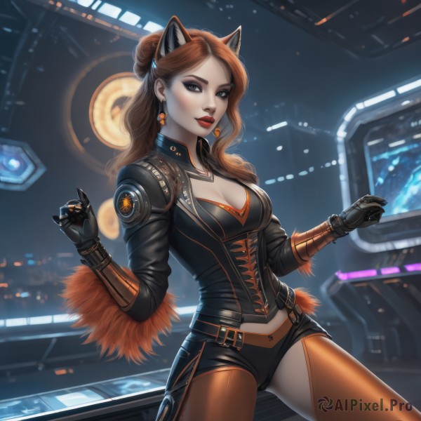 1girl,solo,long hair,breasts,looking at viewer,large breasts,brown hair,gloves,long sleeves,animal ears,cleavage,jewelry,medium breasts,standing,pantyhose,cowboy shot,earrings,parted lips,shorts,black gloves,belt,indoors,cat ears,hair bun,lips,grey eyes,fur trim,short shorts,makeup,fake animal ears,black shorts,single hair bun,lipstick,gauntlets,realistic,nose,red lips,blush,closed mouth,alternate costume,artist name,signature,mole,blurry,collar,fox ears,clothing cutout,blurry background,watermark,wavy hair,cleavage cutout,thick eyebrows,web address,corset,eyeshadow,half updo,freckles,science fiction,legs apart