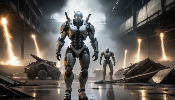 HQ,1boy,standing,weapon,multiple boys,2boys,armor,gun,military,no humans,glowing,helmet,robot,ground vehicle,building,mecha,motor vehicle,smoke,science fiction,realistic,aircraft,military vehicle,car,tank,damaged,lightning,open hands,soldier,lights,looking at viewer,yellow eyes,sky,cloud,signature,water,cloudy sky,glowing eyes,reflection,watercraft,helicopter