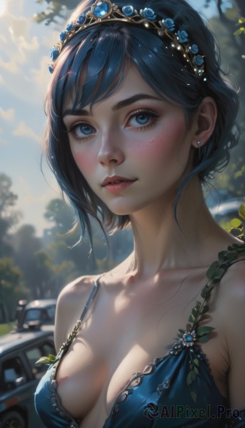 1girl,solo,breasts,looking at viewer,blush,short hair,bangs,blue eyes,black hair,hair ornament,dress,cleavage,bare shoulders,jewelry,medium breasts,underwear,blue hair,collarbone,upper body,flower,earrings,small breasts,outdoors,parted lips,sky,sleeveless,day,artist name,cloud,blurry,covered nipples,tree,lips,eyelashes,makeup,sleeveless dress,depth of field,blurry background,blue dress,watermark,piercing,sunlight,tiara,ground vehicle,gem,web address,motor vehicle,areola slip,freckles,realistic,nose,car,stud earrings,dappled sunlight,mascara,swept bangs,nature,spaghetti strap,diadem