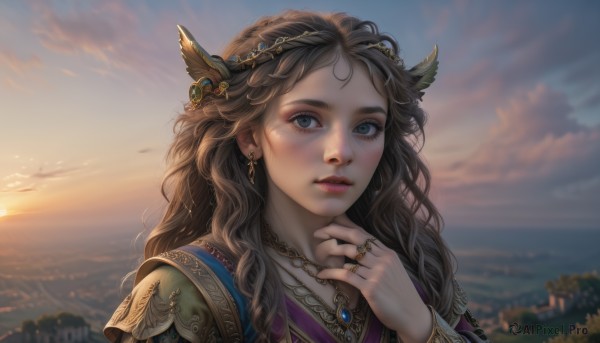 1girl,solo,long hair,looking at viewer,blue eyes,brown hair,hair ornament,jewelry,upper body,earrings,outdoors,parted lips,sky,teeth,day,cloud,hand up,necklace,armor,blurry,lips,grey eyes,eyelashes,depth of field,blurry background,ocean,wavy hair,sunlight,ring,cloudy sky,feathers,gem,portrait,freckles,curly hair,sunset,mountain,realistic,nose,fantasy,blush,braid,scenery,flying,horizon,landscape