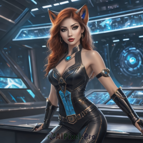 1girl,solo,long hair,breasts,looking at viewer,large breasts,brown hair,gloves,animal ears,cleavage,bare shoulders,brown eyes,jewelry,medium breasts,sitting,earrings,parted lips,belt,pants,indoors,cat ears,fingerless gloves,necklace,nail polish,mole,lips,fox ears,bodysuit,makeup,black pants,lipstick,armlet,hoop earrings,red lips,red hair,cowboy shot,sleeveless,artist name,signature,arm support,black nails,buckle,curly hair,realistic,black bodysuit,tight,leather pants