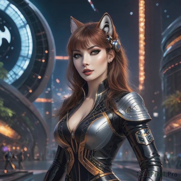 1girl,solo,long hair,breasts,looking at viewer,bangs,blue eyes,large breasts,brown hair,hair ornament,animal ears,cleavage,jewelry,medium breasts,upper body,earrings,parted lips,solo focus,artist name,cat ears,armor,blurry,lips,eyelashes,bodysuit,makeup,night,blurry background,plant,lipstick,shoulder armor,extra ears,pauldrons,nose,red lips,stud earrings,green eyes,outdoors,signature,watermark,realistic,shoulder pads