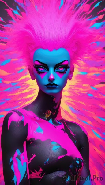 1girl,solo,long hair,breasts,looking at viewer,closed mouth,purple eyes,upper body,pink hair,small breasts,pink eyes,lips,eyelashes,bodysuit,makeup,colored skin,facial mark,lipstick,eyeshadow,nose,blue skin,facepaint,big hair,purple lips,bodypaint,pink skin,black skin,black lips,fiery hair,glowing hair,orange skin,collarbone,heart,symbol-shaped pupils,pink background,spiked hair,blue lips