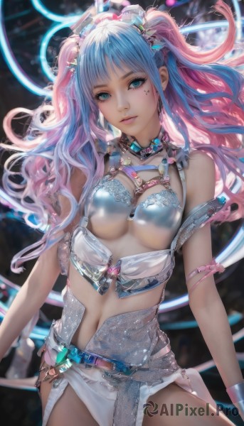 1girl,solo,long hair,breasts,looking at viewer,bangs,blue eyes,hair ornament,navel,cleavage,bare shoulders,twintails,jewelry,medium breasts,underwear,blue hair,panties,pink hair,multicolored hair,cowboy shot,parted lips,belt,bra,mole,two-tone hair,aqua eyes,lips,see-through,gradient hair,makeup,underboob,halo,lingerie,lipstick,realistic,closed mouth,standing,purple hair,sidelocks,sleeveless,choker,midriff,shiny,artist name,signature,stomach,white panties,blurry,streaked hair,clothing cutout,eyelashes,floating hair,watermark,wavy hair,facial mark,gem,revealing clothes,breasts apart,web address,buckle,pink lips,nose,arms at sides,mascara