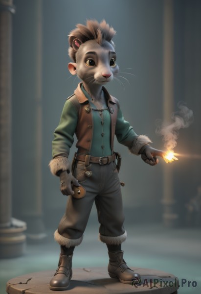 solo,brown hair,shirt,gloves,1boy,animal ears,standing,full body,male focus,boots,belt,pants,blurry,vest,fur trim,mask,blurry background,brown footwear,fire,furry,brown gloves,smoke,furry male,mouse,brown vest,whiskers,brown eyes,jacket,artist name,fingerless gloves,pouch,mouse ears,pillar,brown fur,mohawk,column