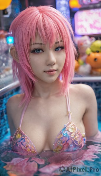 1girl,solo,breasts,looking at viewer,short hair,bangs,blue eyes,hair ornament,cleavage,bare shoulders,medium breasts,closed mouth,collarbone,swimsuit,upper body,pink hair,bikini,medium hair,water,blurry,lips,depth of field,blurry background,stuffed toy,stuffed animal,partially submerged,teddy bear,realistic,nose,pink bikini,pool,large breasts,underwear,artist name,bra,wet,eyelashes,freckles,pink lips,toy,neon lights