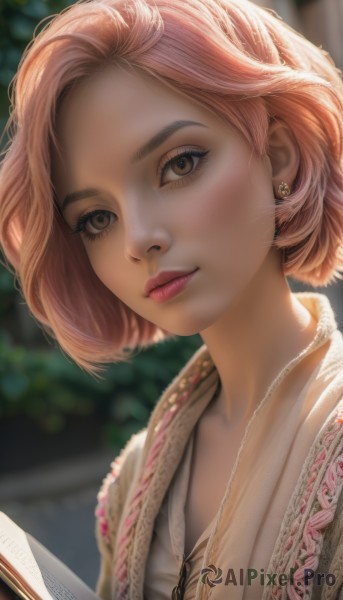 1girl,solo,looking at viewer,smile,short hair,brown hair,holding,brown eyes,jewelry,closed mouth,upper body,pink hair,earrings,artist name,necklace,blurry,lips,head tilt,book,eyelashes,makeup,depth of field,blurry background,portrait,holding book,open book,realistic,nose,outdoors,day,watermark,light smile,web address,reading