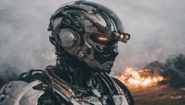 solo,1boy,upper body,male focus,armor,blurry,from side,military,no humans,blurry background,glowing,helmet,fire,robot,portrait,mecha,glowing eyes,smoke,science fiction,realistic,looking ahead,power armor,sky,cloud,orange eyes,close-up