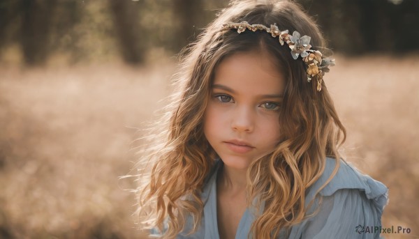 1girl,solo,long hair,looking at viewer,blue eyes,blonde hair,brown hair,hair ornament,dress,closed mouth,upper body,flower,artist name,signature,hair flower,blurry,lips,grey eyes,eyelashes,depth of field,blurry background,blue dress,wavy hair,expressionless,portrait,freckles,realistic,nose,head wreath,parted lips,sunlight,white flower,forehead,backlighting