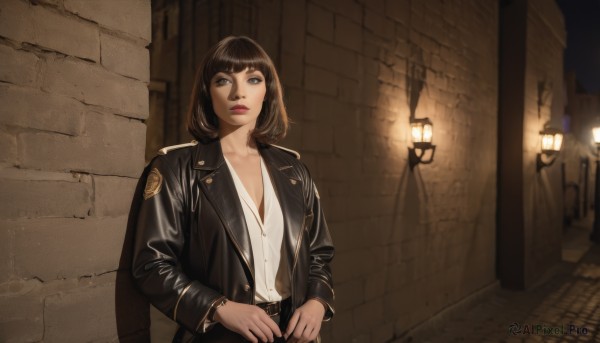 1girl,solo,breasts,looking at viewer,short hair,bangs,brown hair,shirt,black hair,long sleeves,cleavage,brown eyes,jewelry,closed mouth,standing,collarbone,jacket,white shirt,upper body,outdoors,open clothes,belt,pants,blunt bangs,medium hair,blurry,black eyes,bracelet,open jacket,lips,black jacket,looking to the side,night,buttons,looking away,bob cut,watch,black belt,wall,leather,brick wall,lamppost,leather jacket,alley,medium breasts,small breasts,necklace,grey eyes,building,against wall