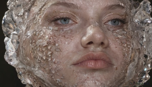 1girl,solo,looking at viewer,blue eyes,blonde hair,simple background,closed mouth,water,lips,eyelashes,black background,portrait,close-up,freckles,reflection,realistic,nose,scales,grey eyes,water drop