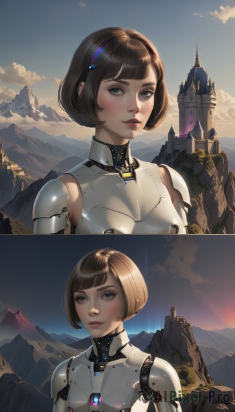 1girl,breasts,looking at viewer,short hair,bangs,blue eyes,brown hair,hair ornament,upper body,outdoors,parted lips,sky,artist name,cloud,blunt bangs,armor,lips,grey eyes,bodysuit,makeup,multiple views,bob cut,science fiction,mountain,2koma,cyborg,mountainous horizon,power armor,blush,multiple girls,blonde hair,black hair,2girls,closed mouth,blue sky,realistic,nose,joints,castle,cyberpunk,split screen