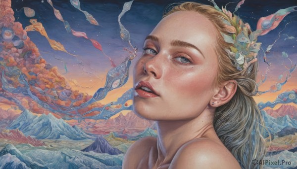 1girl,solo,long hair,looking at viewer,blue eyes,blonde hair,hair ornament,jewelry,earrings,outdoors,parted lips,sky,teeth,cloud,mole,lips,mole under eye,traditional media,portrait,scenery,freckles,fish,mountain,realistic,fantasy,painting (medium),surreal,mole on cheek,bare shoulders,flower,hair flower,grey eyes,makeup,nose,red lips