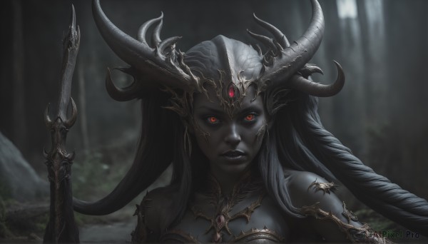 HQ,1girl,solo,long hair,breasts,looking at viewer,black hair,red eyes,bare shoulders,jewelry,upper body,weapon,outdoors,parted lips,horns,sword,blurry,lips,makeup,blurry background,colored skin,lipstick,portrait,nature,forest,colored sclera,fantasy,grey skin,black skin,black lips,pointy ears,close-up