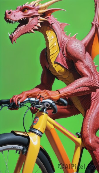 solo,open mouth,simple background,tail,yellow eyes,wings,horns,teeth,no humans,fangs,sharp teeth,ground vehicle,claws,colored sclera,dragon horns,green background,dragon,scales,riding,bicycle,dragon wings,slit pupils,monster