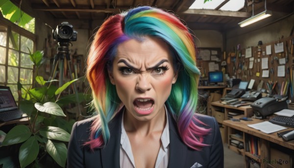 1girl,solo,long hair,looking at viewer,open mouth,shirt,brown eyes,blue hair,jacket,white shirt,upper body,pink hair,red hair,multicolored hair,teeth,collared shirt,indoors,two-tone hair,lips,black jacket,v-shaped eyebrows,book,window,makeup,leaf,chair,formal,suit,plant,angry,desk,personification,paper,realistic,nose,camera,bookshelf,pen,potted plant,lamp,computer,monitor,shelf,raised eyebrow,keyboard (computer),office chair,office,rainbow hair,breasts,cleavage,purple hair,green hair,artist name,streaked hair,eyelashes,blazer,lipstick,eyeshadow,veins,laptop,mascara