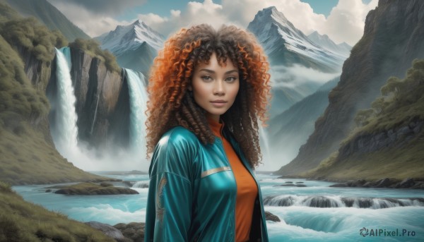 1girl,solo,long hair,breasts,looking at viewer,brown hair,shirt,brown eyes,medium breasts,jacket,upper body,outdoors,open clothes,sky,day,cloud,dark skin,water,sweater,open jacket,dark-skinned female,tree,lips,turtleneck,cloudy sky,blue jacket,nature,curly hair,mountain,nose,big hair,orange shirt,river,waterfall,very dark skin,lake,afro,smile,closed mouth,scenery,realistic,landscape,dreadlocks