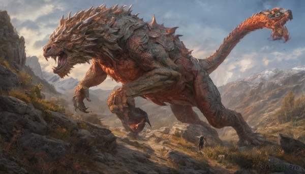 open mouth,standing,tail,weapon,outdoors,horns,sky,teeth,day,tongue,cloud,cape,tree,cloudy sky,grass,sharp teeth,nature,scenery,claws,1other,forest,monster,rock,mountain,fantasy,dragon,size difference,scales,giant,ambiguous gender,1boy