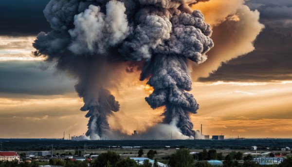 outdoors,sky,cloud,water,tree,no humans,cloudy sky,building,scenery,smoke,science fiction,sunset,city,cityscape,giant,explosion,ruins,landscape,destruction,ocean,ground vehicle,motor vehicle,realistic,military vehicle