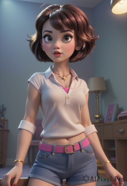 1girl,solo,breasts,looking at viewer,blush,short hair,bangs,brown hair,shirt,hair ornament,navel,brown eyes,jewelry,standing,collarbone,white shirt,short sleeves,cowboy shot,earrings,small breasts,parted lips,shorts,teeth,hairclip,midriff,collared shirt,belt,artist name,indoors,necklace,nail polish,blurry,bracelet,lips,fingernails,short shorts,eyelashes,makeup,buttons,blurry background,swept bangs,thick eyebrows,denim,lipstick,red nails,buckle,pink nails,desk,pendant,sleeves rolled up,freckles,contrapposto,denim shorts,pocket,belt buckle,pink lips,nose,arms at sides,bookshelf,red lips,stud earrings,lamp,midriff peek,white belt,sleeves pushed up,sleeves past elbows,desk lamp,pink belt,medium breasts,star (symbol),bra,book,watermark,thigh gap,table,web address,blue shorts,star necklace