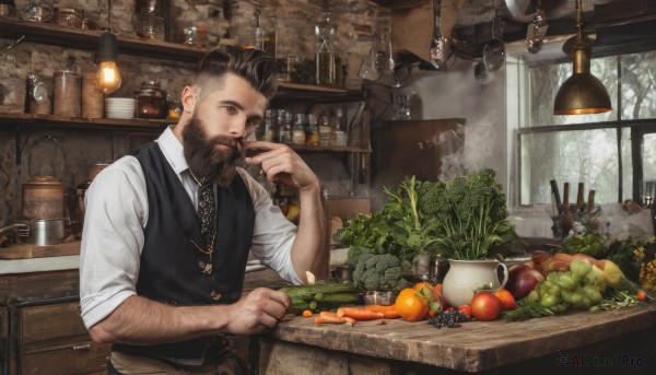 solo,short hair,brown hair,shirt,black hair,1boy,holding,brown eyes,jewelry,white shirt,upper body,male focus,food,necktie,collared shirt,belt,indoors,necklace,apron,vest,cup,window,fruit,facial hair,bottle,knife,plant,steam,black necktie,beard,plate,sleeves rolled up,black vest,realistic,spoon,mustache,lamp,carrot,cooking,shelf,kitchen,jar,tomato,vegetable,counter,lettuce,onion,eating,table,mug,apple,undercut,grapes,orange (fruit),lemon,eggplant