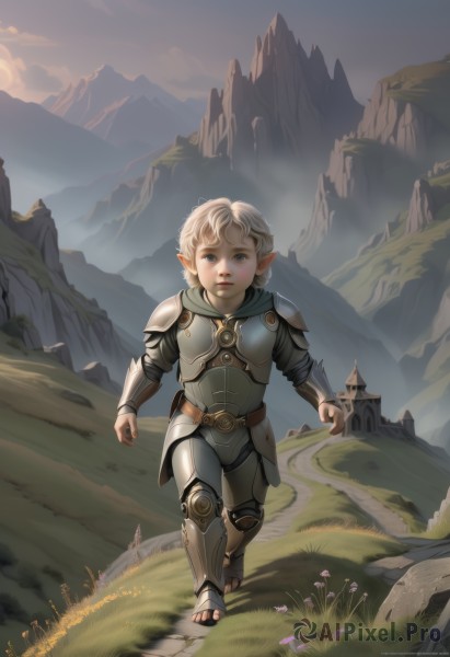 solo,looking at viewer,short hair,blue eyes,blonde hair,1boy,standing,full body,flower,white hair,male focus,outdoors,sky,pointy ears,artist name,signature,armor,lips,grass,elf,shoulder armor,child,walking,running,breastplate,mountain,fantasy,male child,boots,cloud,sandals,castle