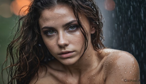 1girl,solo,long hair,looking at viewer,brown hair,black hair,closed mouth,green eyes,collarbone,nude,parted lips,blurry,lips,wet,blurry background,messy hair,portrait,close-up,freckles,rain,realistic,nose,wet hair,bare shoulders,upper body,eyelashes,water drop